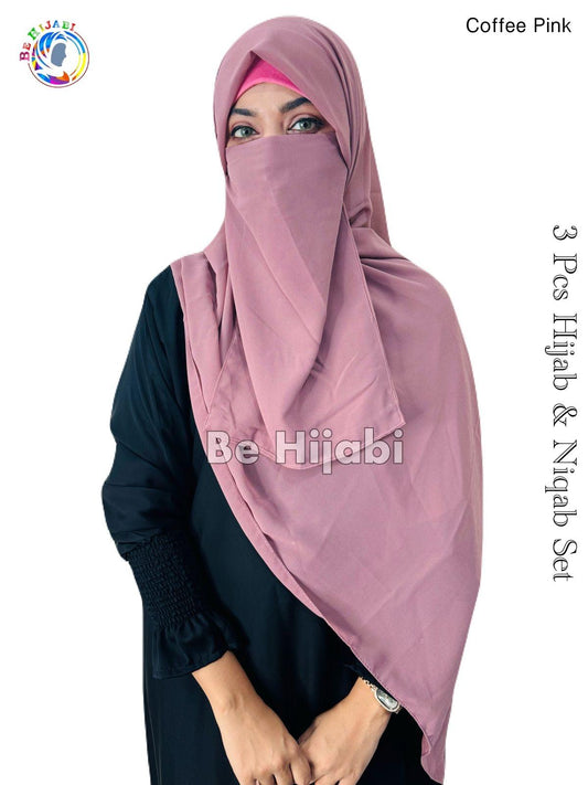 3 Pcs Hijab & Niqab Set Color Coffee Pink