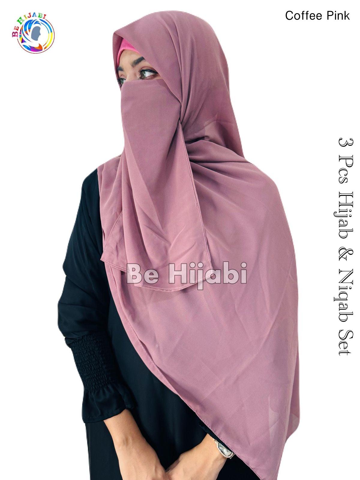 3 Pcs Hijab & Niqab Set Color Coffee Pink