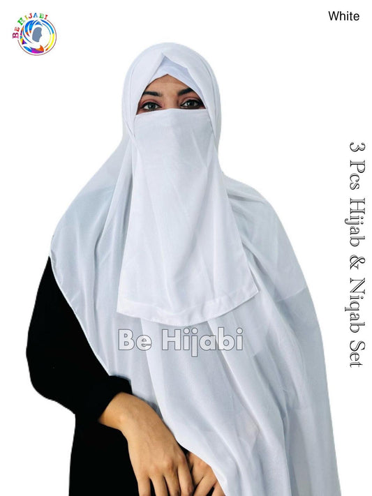 3 Pcs Hijab & Niqab Set Color White