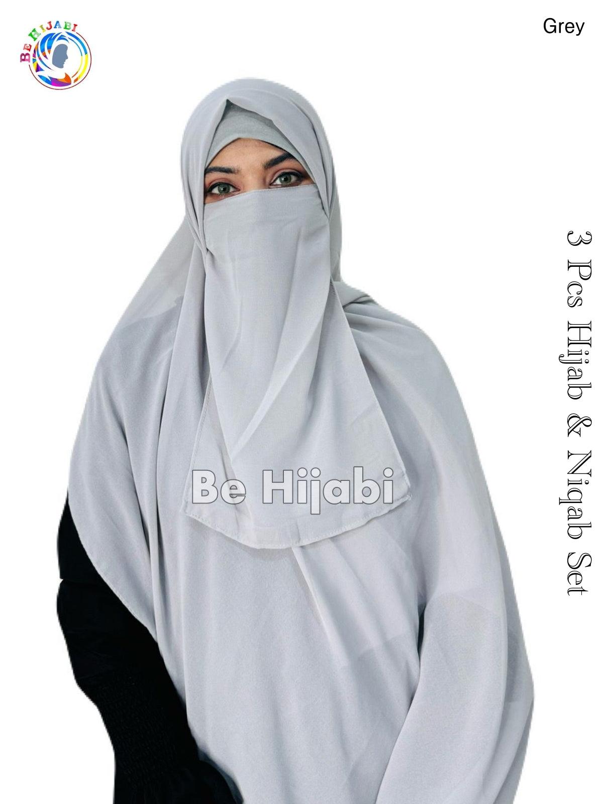 3 Pcs Hijab & Niqab Set Color Grey