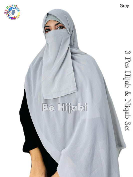 3 Pcs Hijab & Niqab Set Color Grey