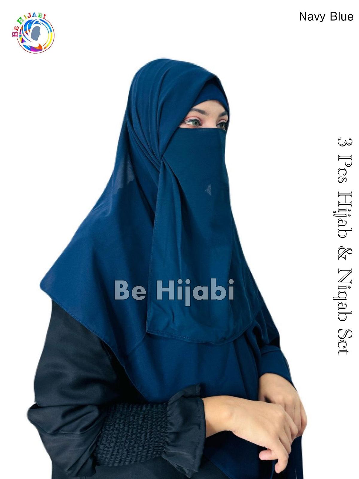 3 Pcs Hijab & Niqab Set Color Navy Blue