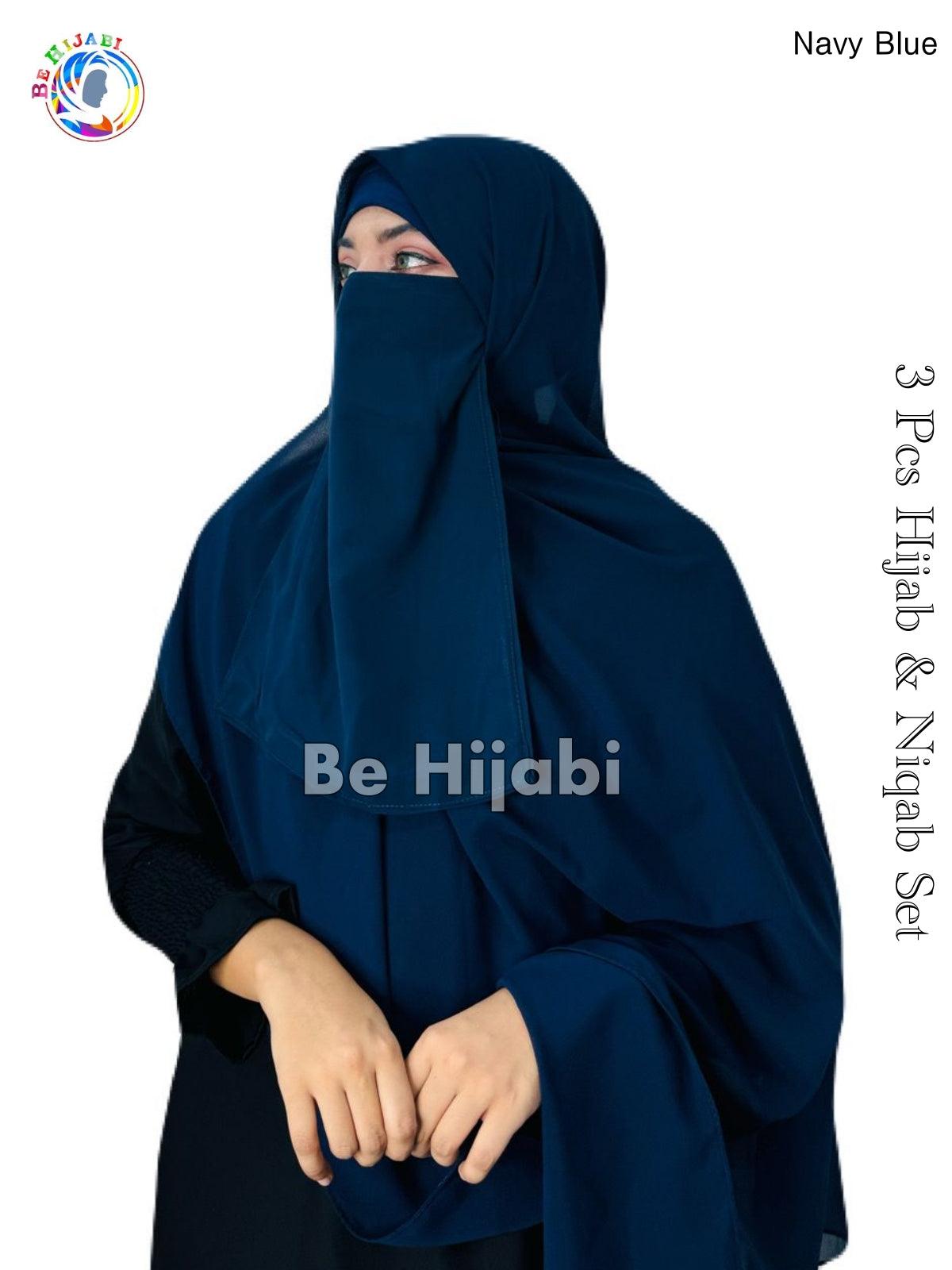 3 Pcs Hijab & Niqab Set Color Navy Blue