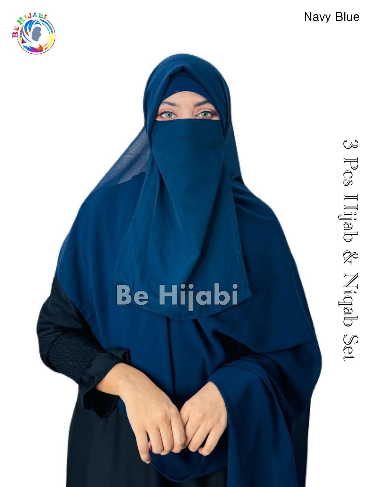 3 Pcs Hijab & Niqab Set Color Navy Blue