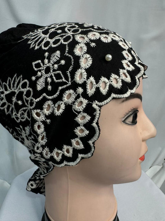 Net Embroidery Hijab Cap Black