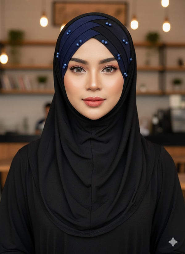Double Color Pearl Turkish Hijab Cotton jersey Color Black & Blue