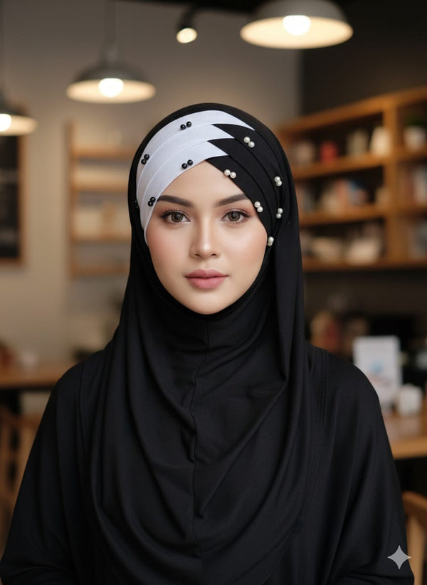 Double Color Pearl Turkish Hijab Cotton jersey Color Black & White
