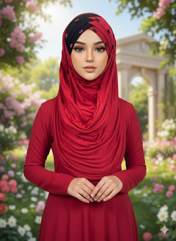 Double Color Pearl Turkish Hijab Cotton jersey Color Red & Black