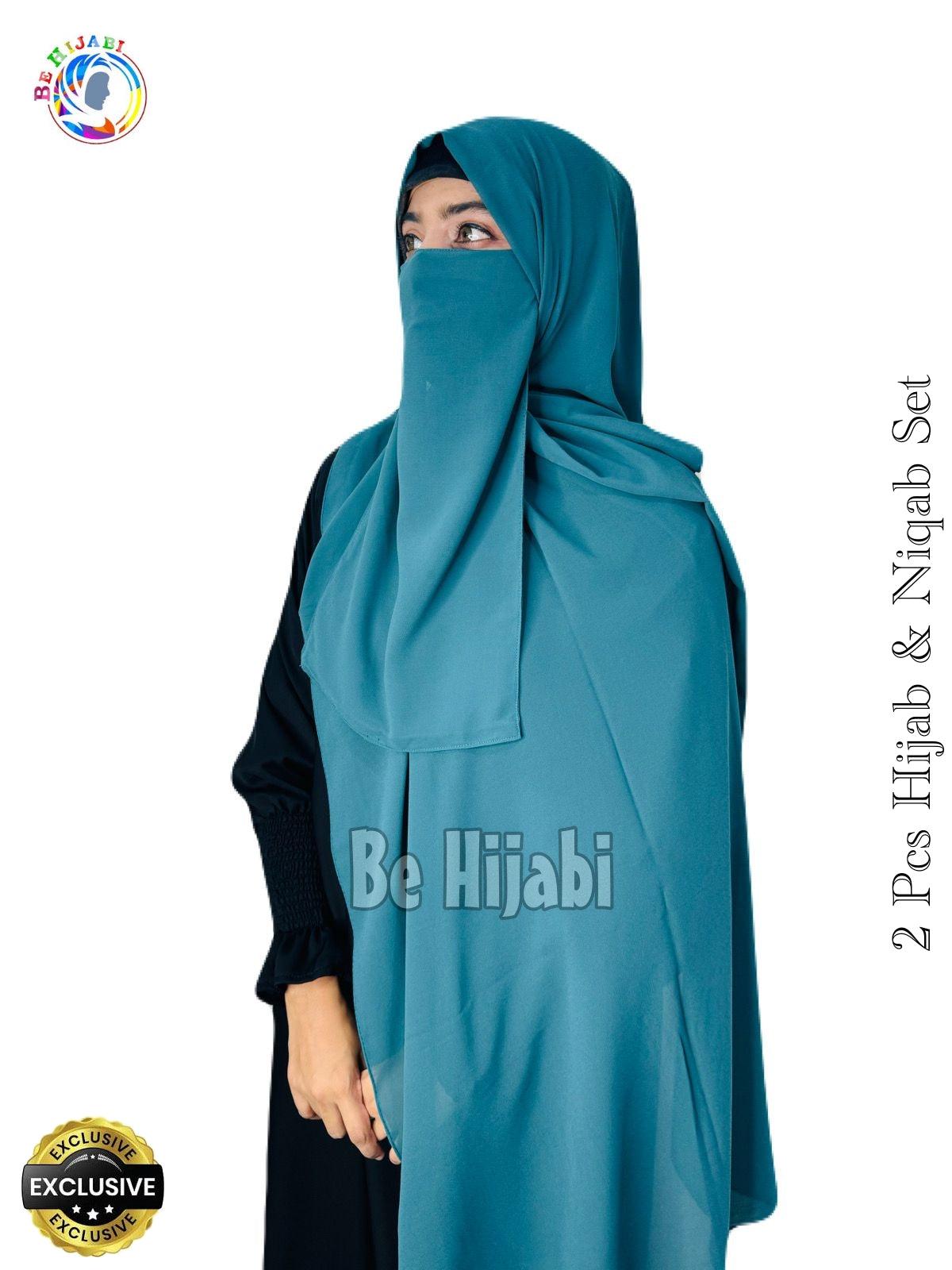 2 Pcs Hijab & Niqab Set Color Bottle Green