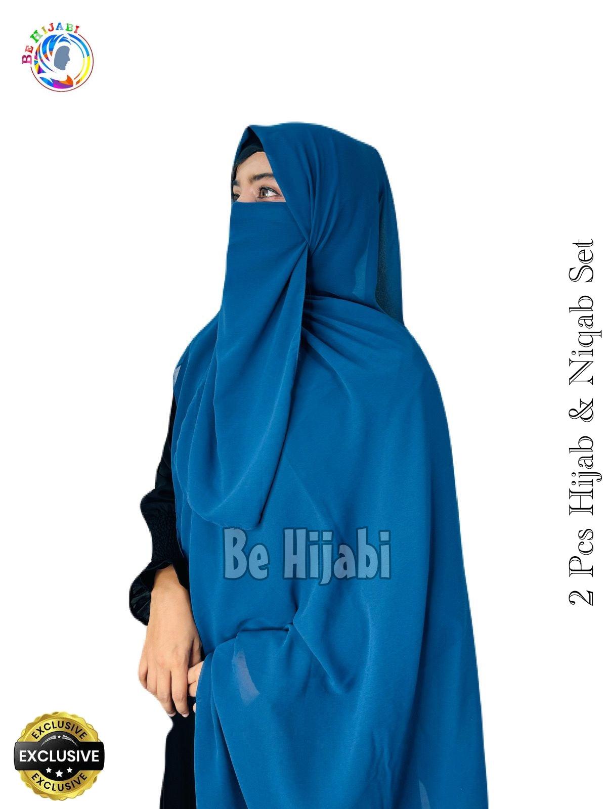 2 Pcs Hijab & Niqab Set Color Teal Blue