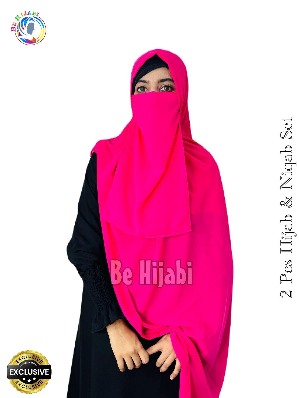 2 Pcs Hijab & Niqab Set Color Shocking Pink