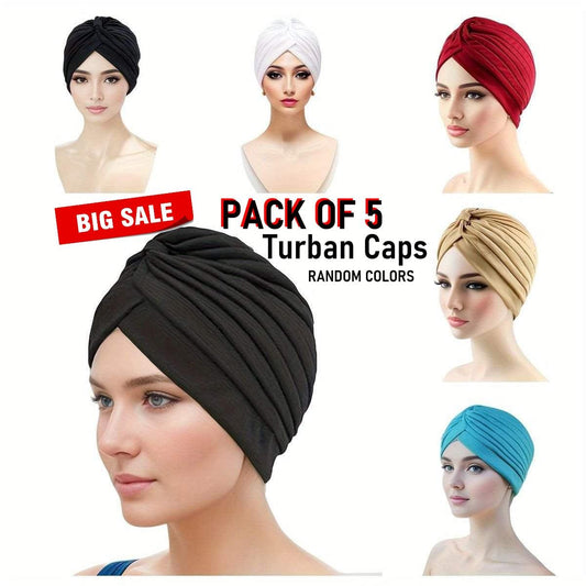 Pack Of 5 Turban Caps Headscarf Pleated Wrap Chemo Cap Random Colors