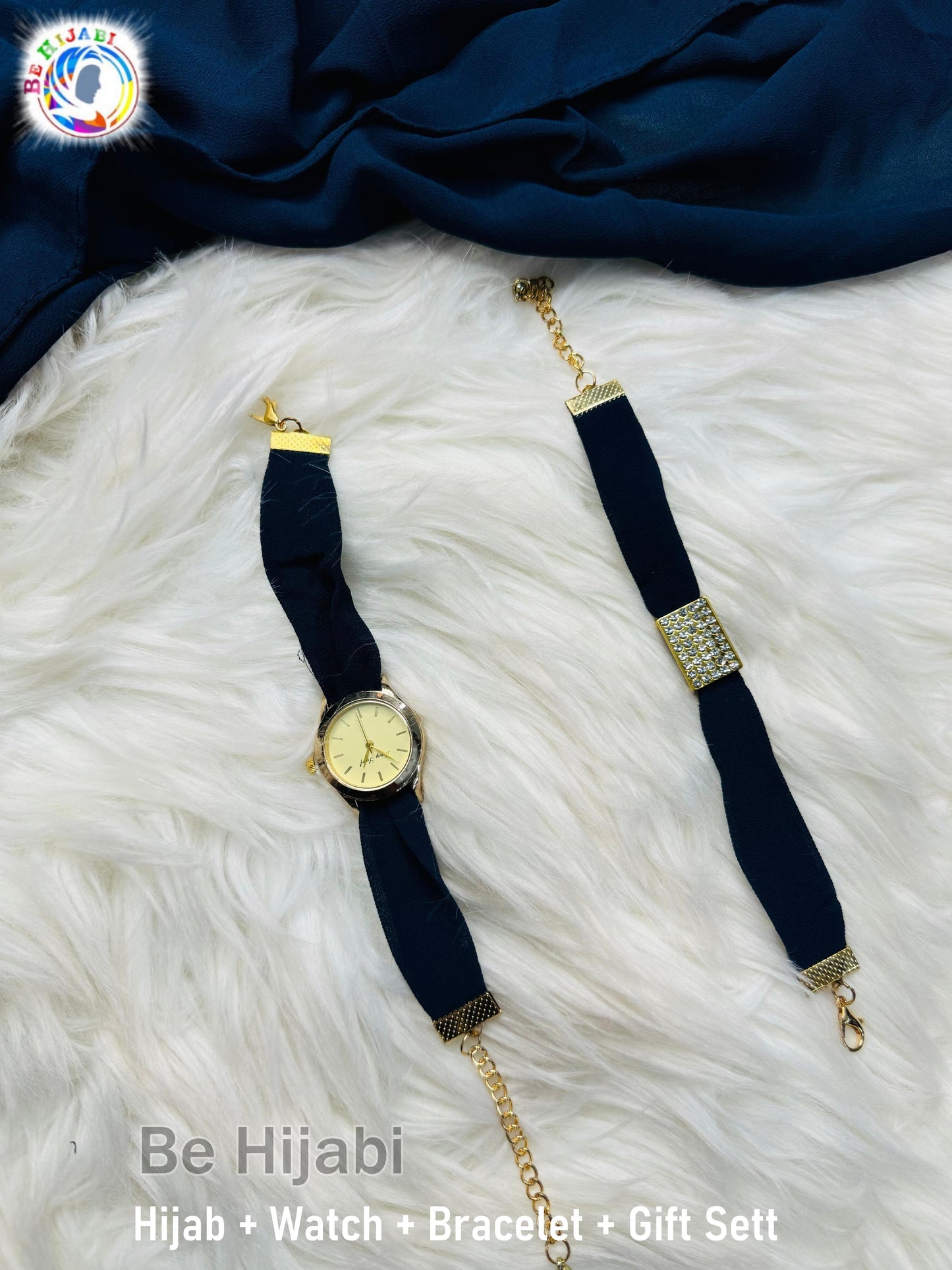 Navy Hijab + Watch + Bracelet + Gift Sett