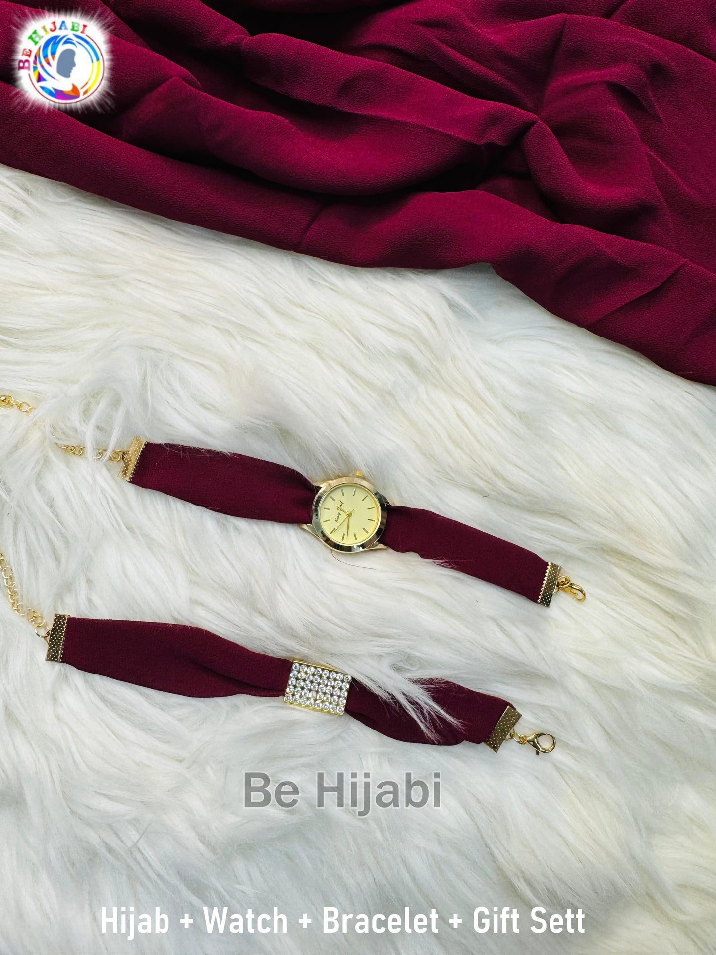 Maroon Hijab + Watch + Bracelet + Gift Sett