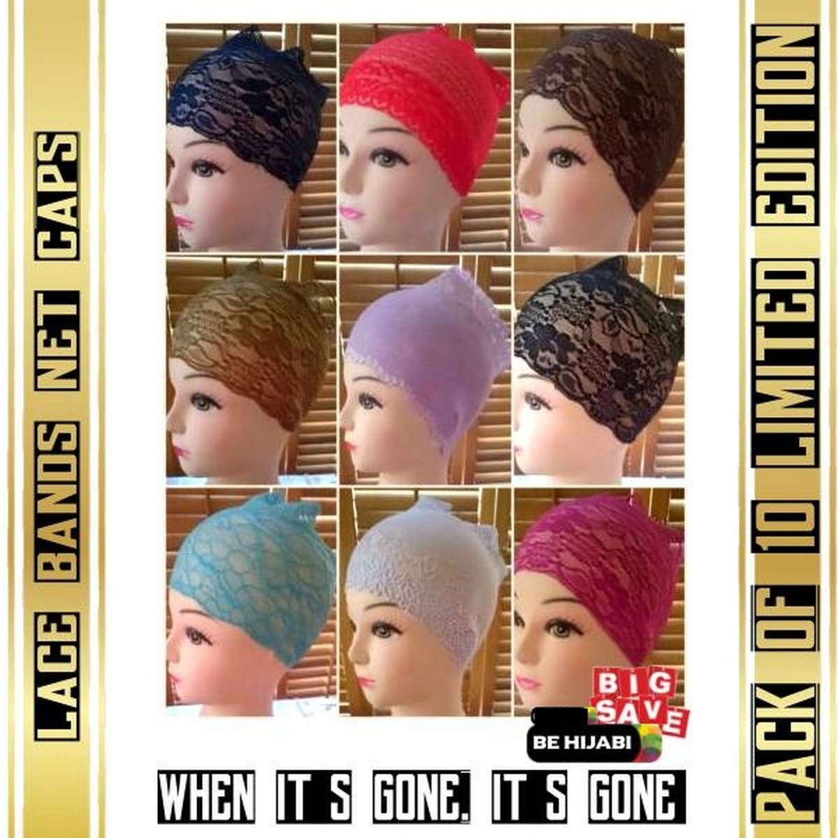 Pack of 10 LADIES LACE BANDS NET - BONNET - BONE - CAP HIJAB UNDER SCARF Arab Cap Fashion