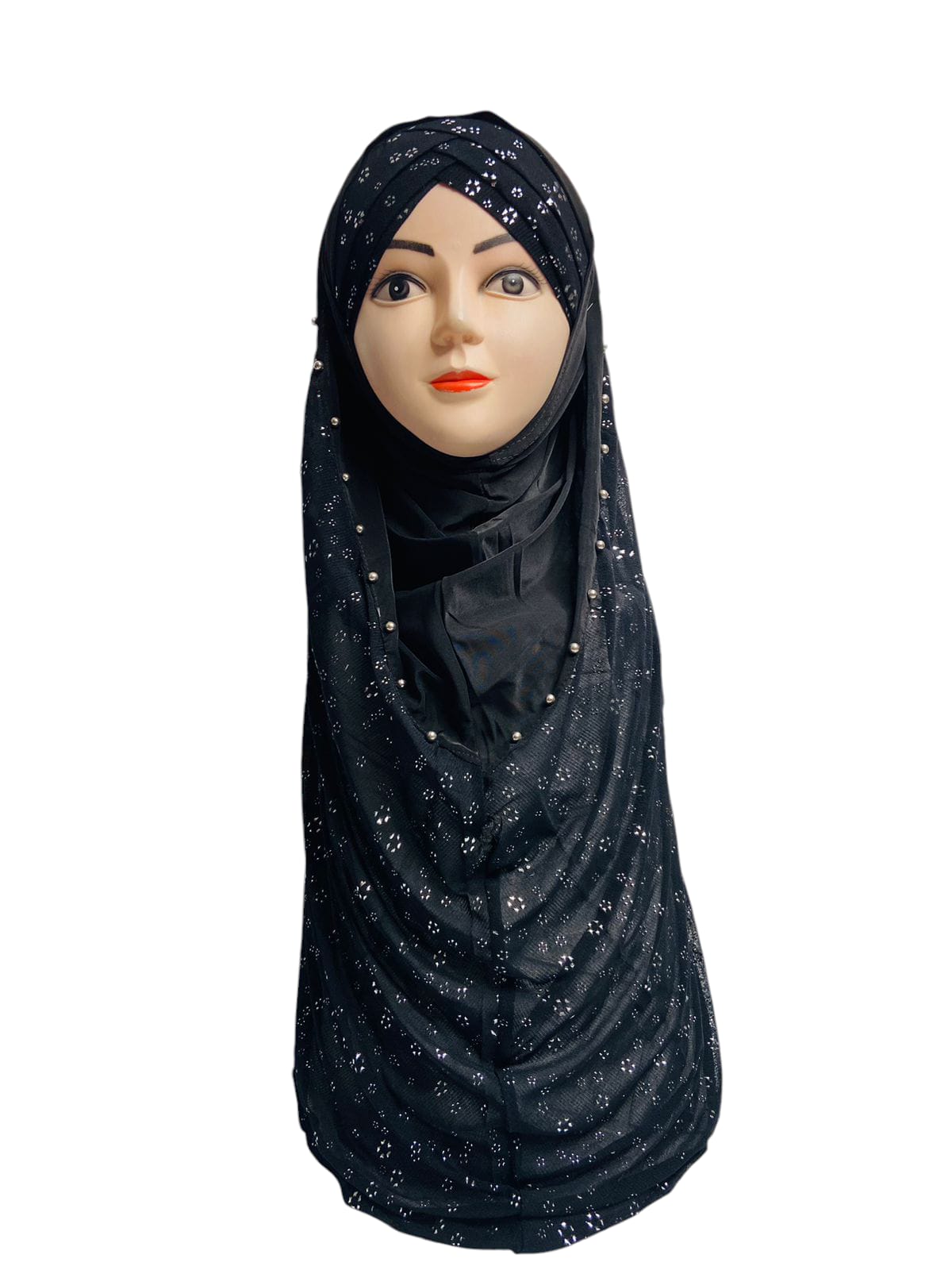 Black Silver Flower Pinless Hijab