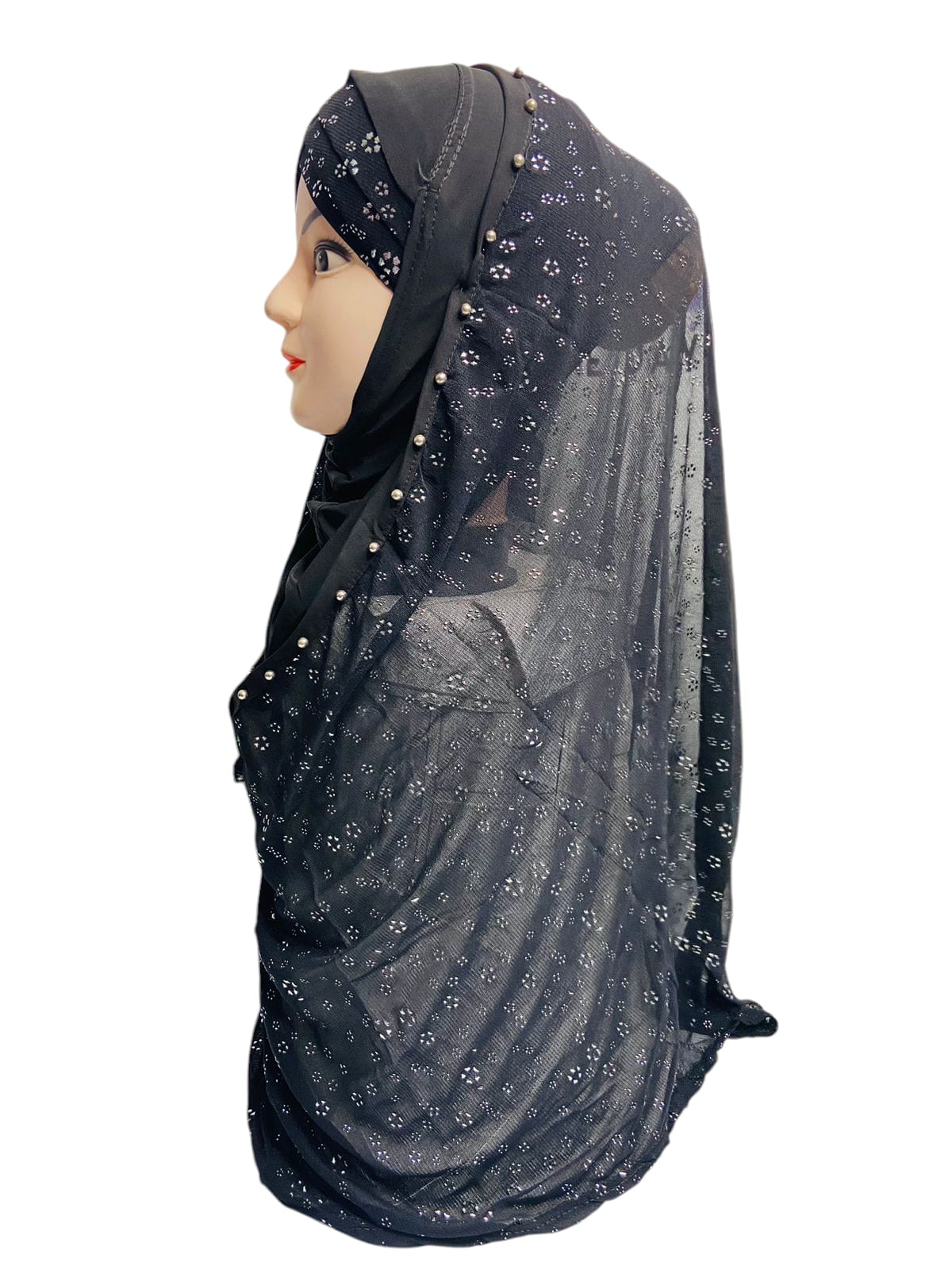 Black Silver Flower Pinless Hijab