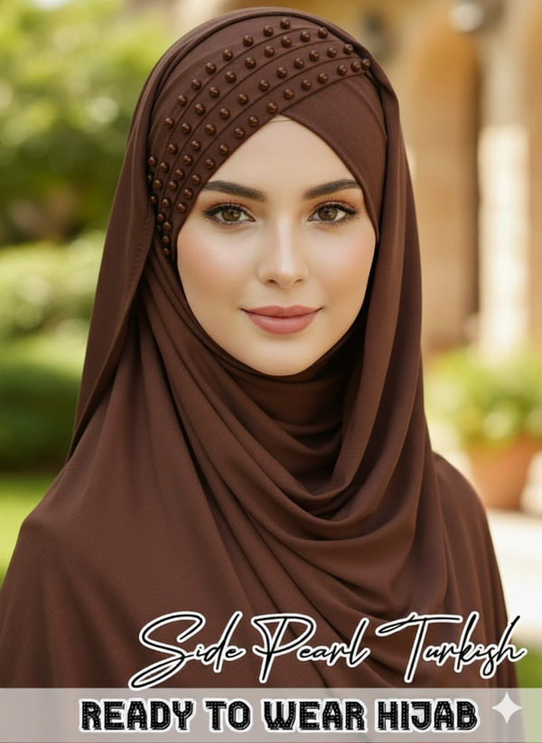 Side Pearl Turkish Hijab Cotton jersey Color Brown