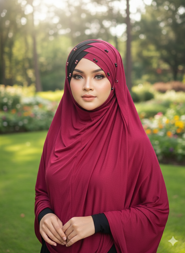 Double Color Pearl Turkish Hijab Cotton jersey Color Black & Maroon
