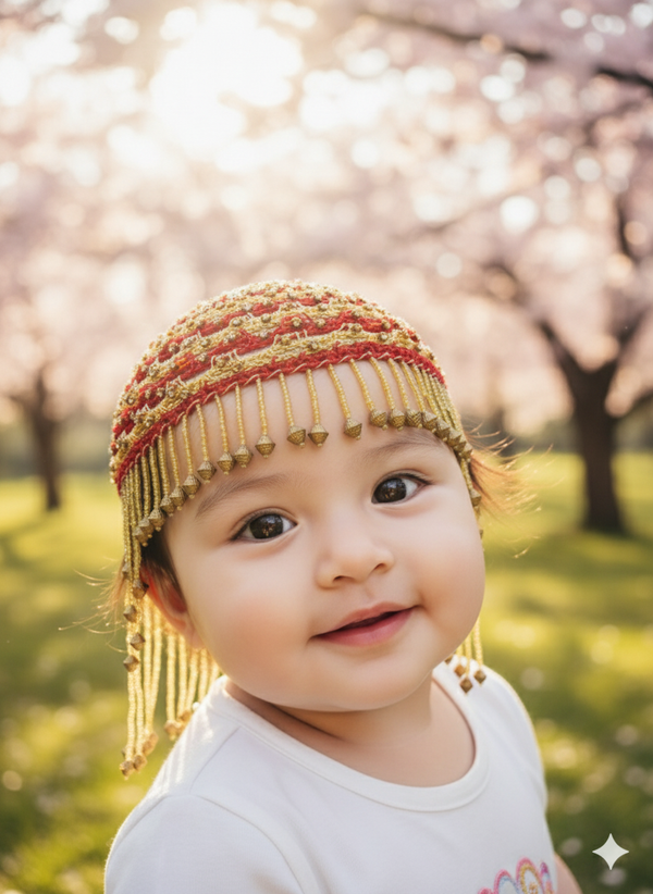 Unique Handmade Kashmiri Baby Cap Golden & Red