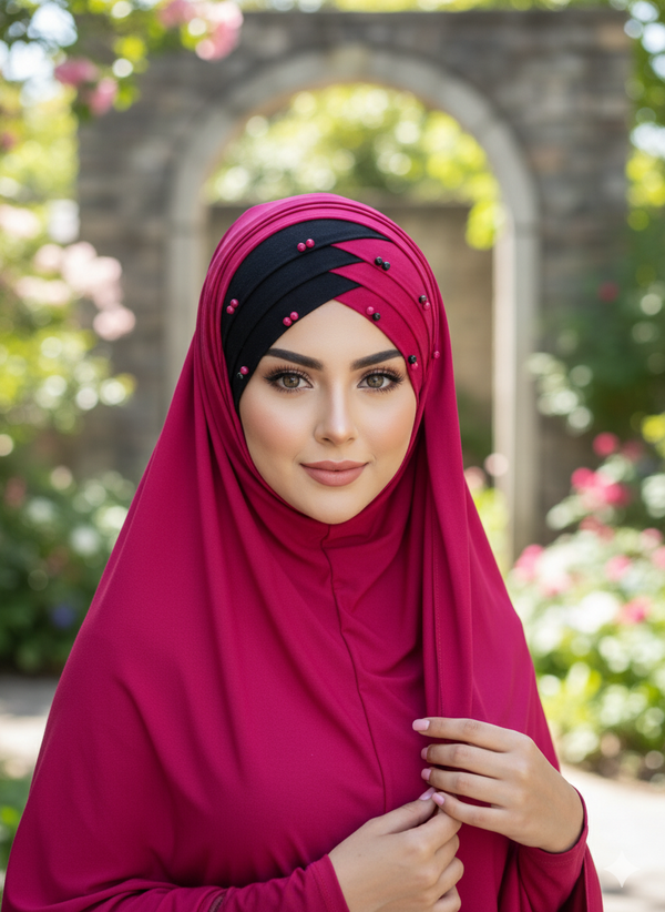 Double Color Pearl Turkish Hijab Cotton jersey Color Shocking pink & Black A1