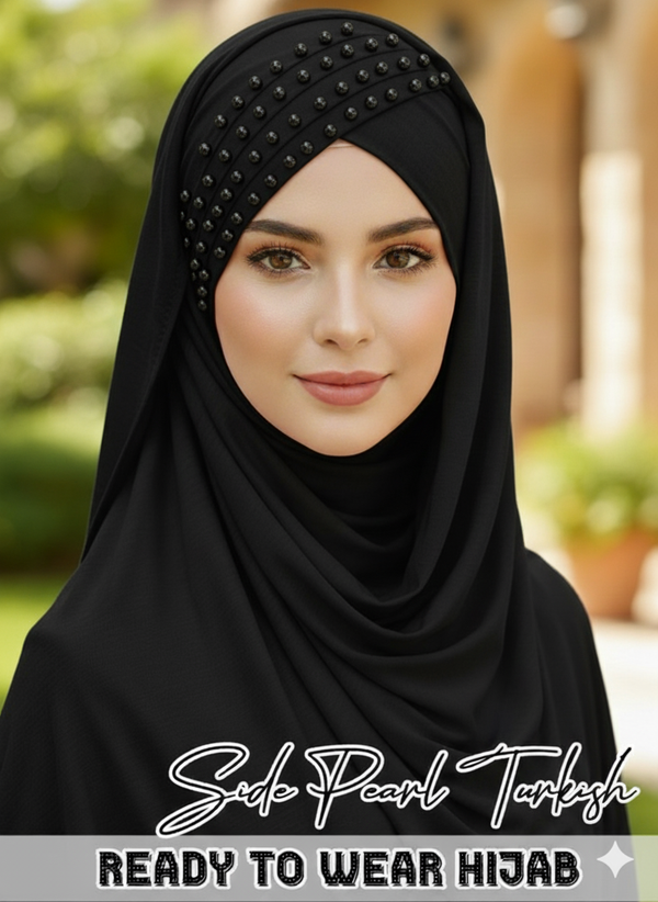 Side Pearl Turkish Hijab Cotton jersey Color Black