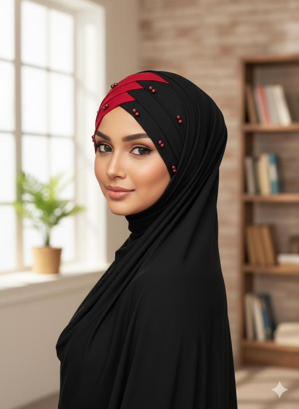 Double Color Pearl Turkish Hijab Cotton jersey Color Black & Red B1