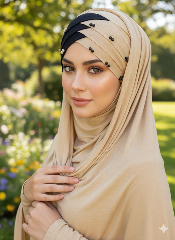 Double Color Pearl Turkish Hijab Cotton jersey Color Black & Skin
