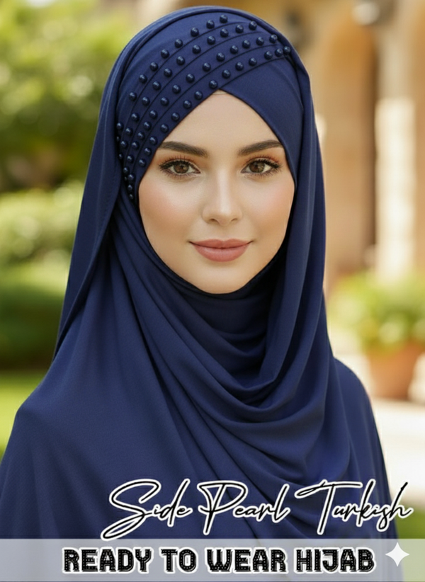 Side Pearl Turkish Hijab Cotton jersey Color Navy Blue