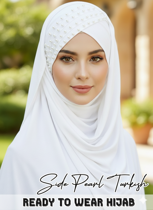 Side Pearl Turkish Hijab Cotton jersey Color White