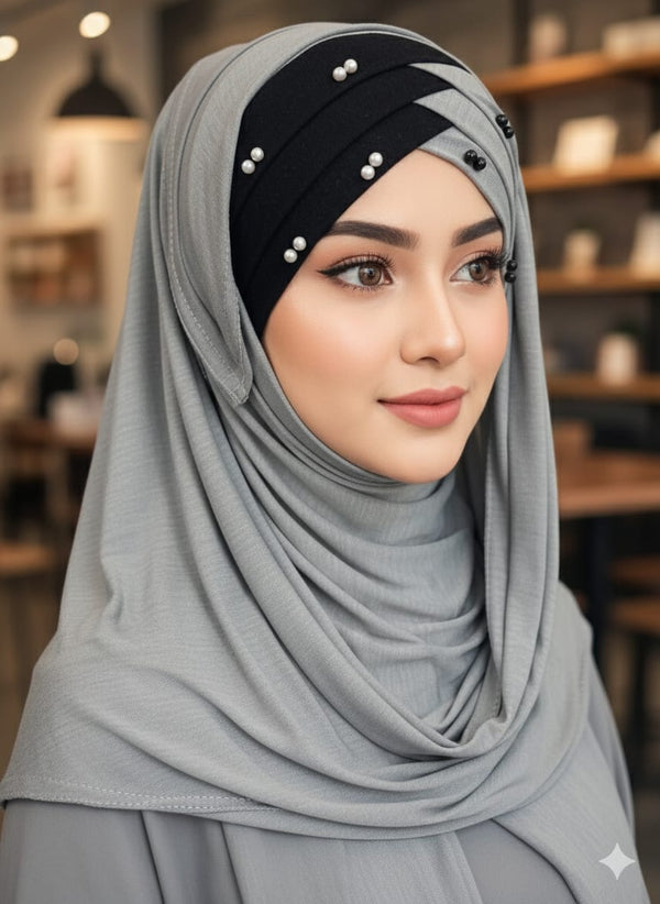 Double Color Pearl Turkish Hijab Cotton jersey Color Gray & Black A1