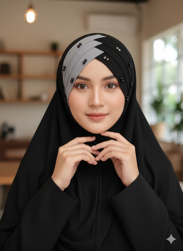 Double Color Pearl Turkish Hijab Cotton jersey Color Black & Gray
