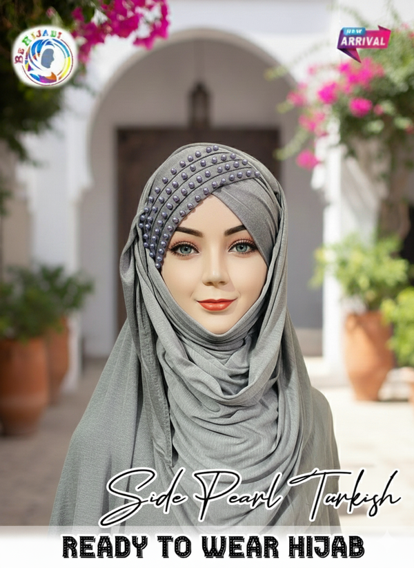 Side Pearl Turkish Hijab Cotton jersey Color Gray
